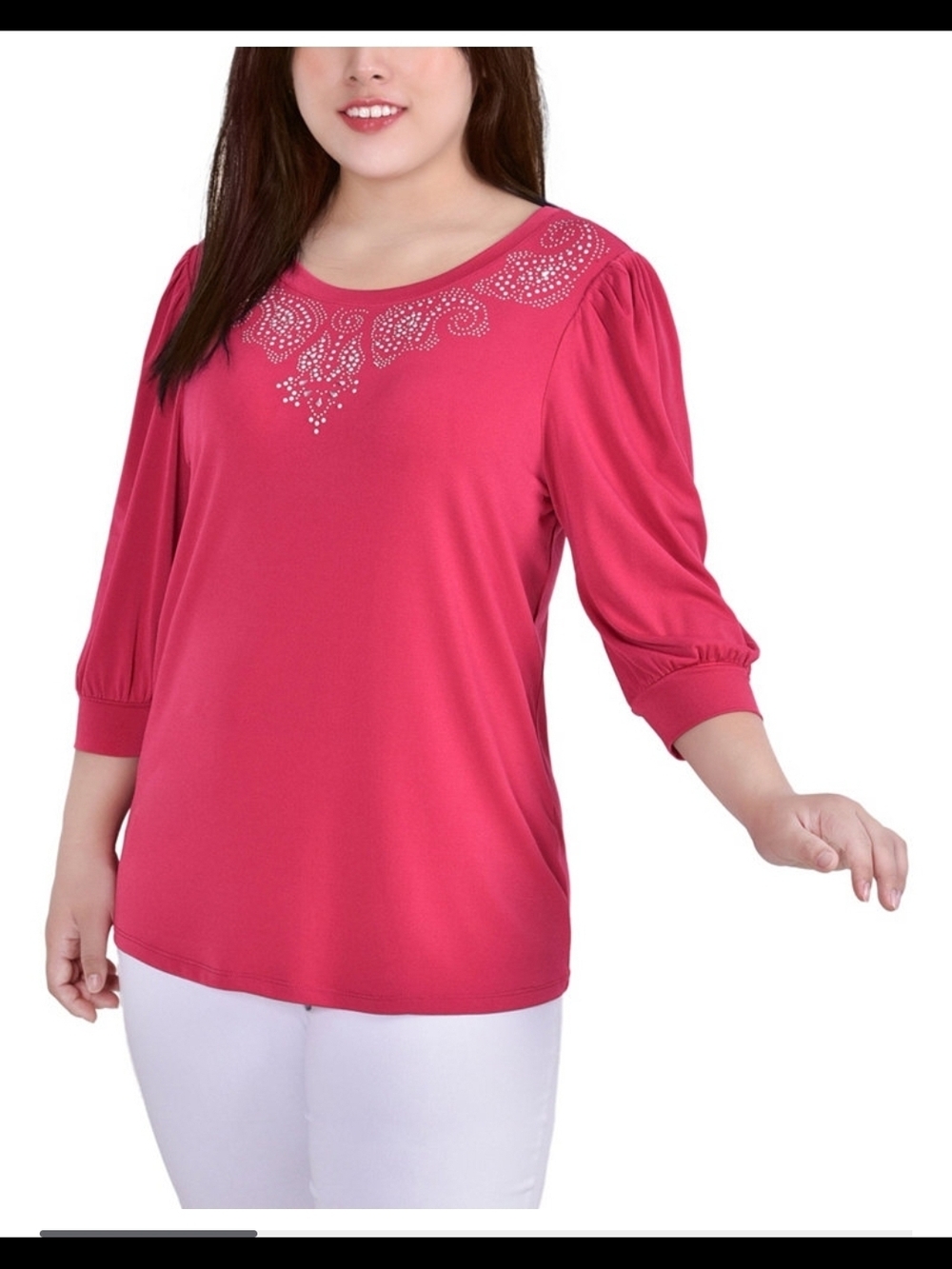 NY Collection Hot Pink Scoop Neck Long Sleeve Top with Rhinestone Detail Blouse